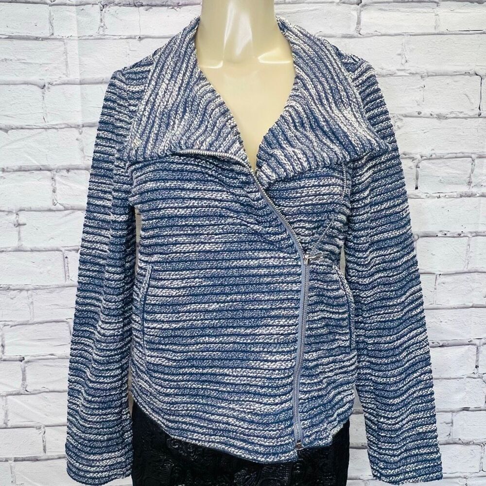 Loft Womens Blue Cream Striped Tweed Knit Asymmetrical Zip Moto Jacket Small NWT